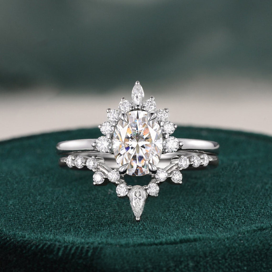 1.50 CT Pear Cut Cluster Moissanite Bridal Ring Set 1 1.50 CT Pear Cut Cluster Moissanite Bridal Ring Set 1
