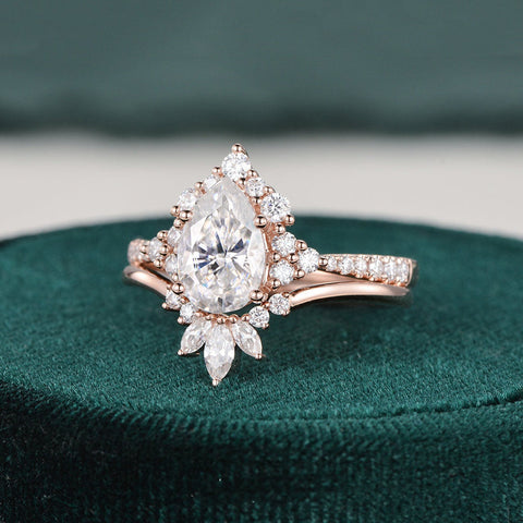 1.50 CT Pear Cut Cluster Moissanite Bridal Ring Set 5 1.50 CT Pear Cut Cluster Moissanite Bridal Ring Set 5