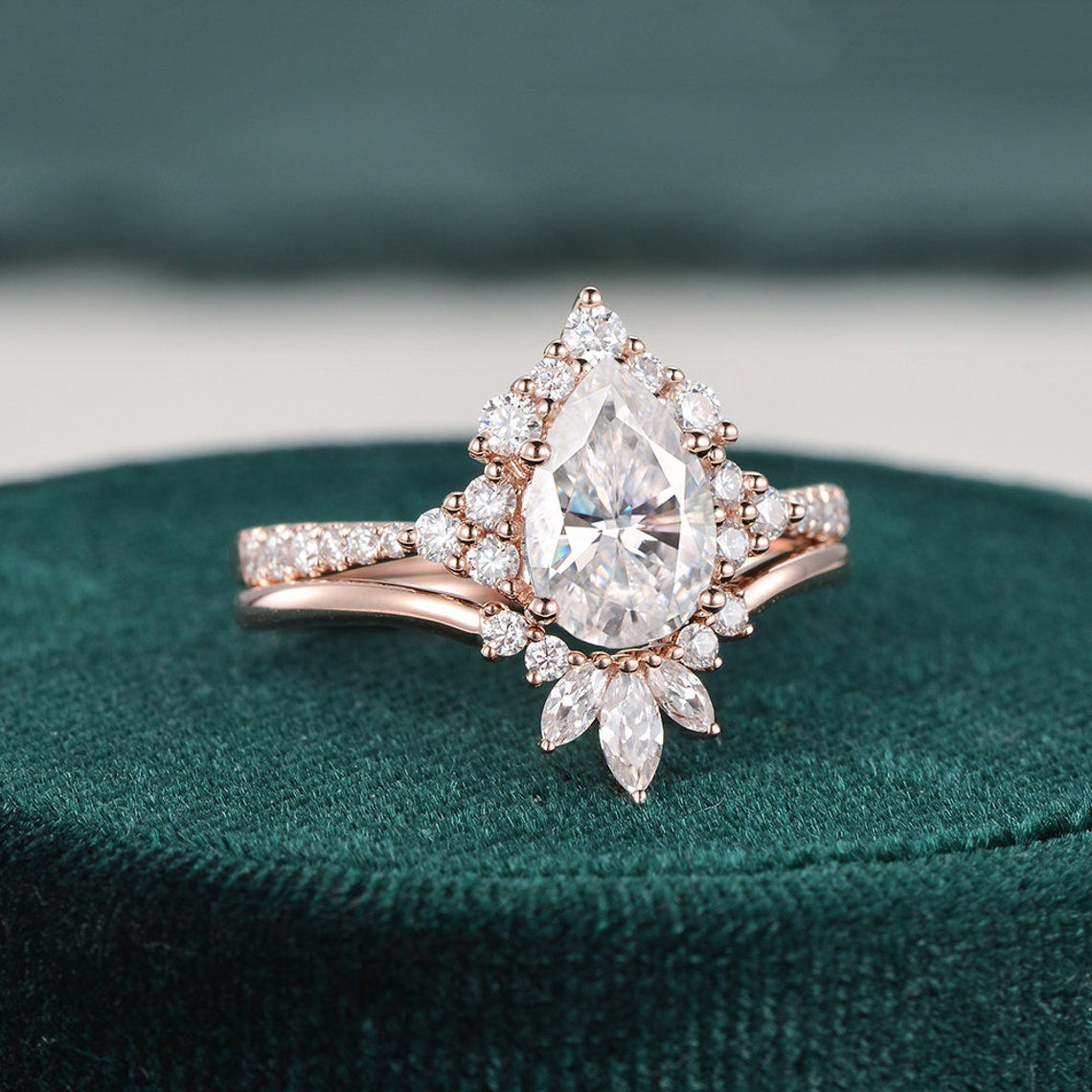 1.50 CT Pear Cut Cluster Moissanite Bridal Ring Set 4 1.50 CT Pear Cut Cluster Moissanite Bridal Ring Set 4