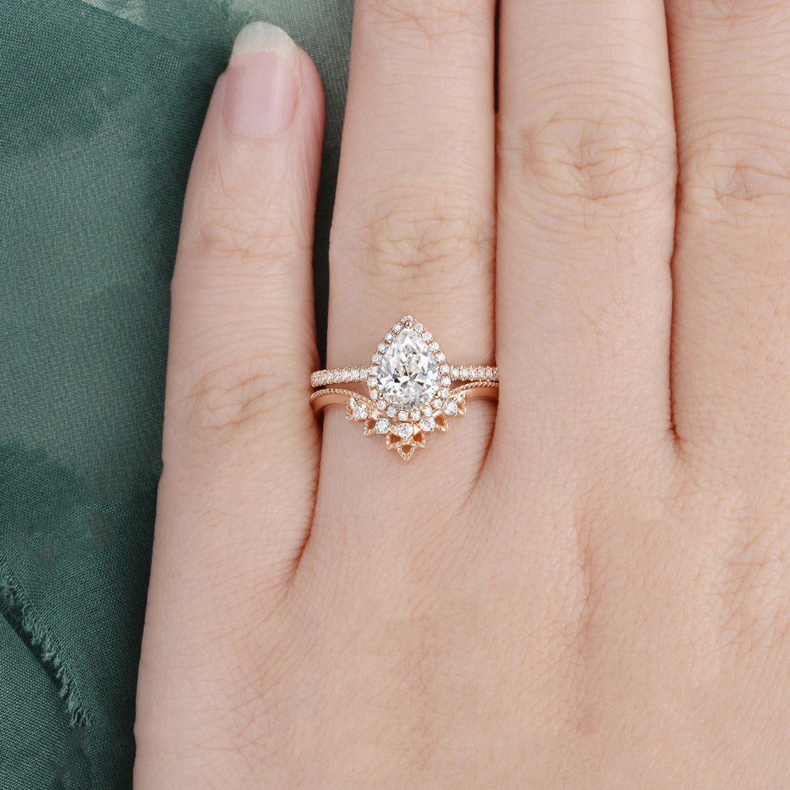 1.50 CT Pear Cut Halo Moissanite Bridal Ring Set 2 1.50 CT Pear Cut Halo Moissanite Bridal Ring Set 2