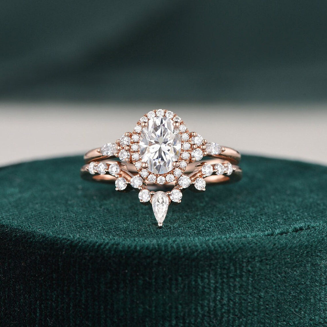 2.0 CT Oval Cut Cluster Halo Moissanite Bridal Ring Set 1 2.0 CT Oval Cut Cluster Halo Moissanite Bridal Ring Set 1