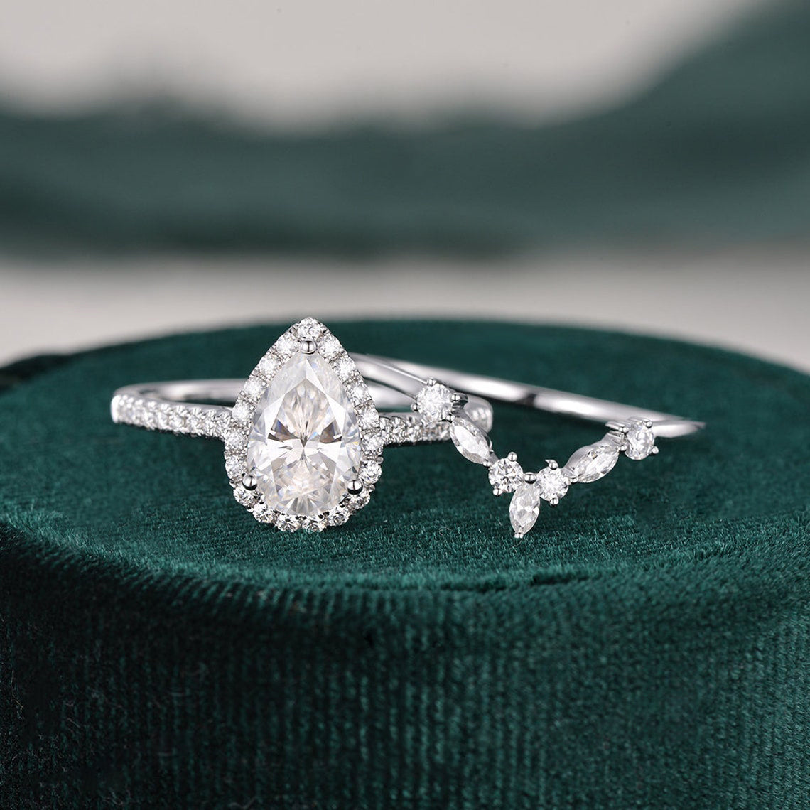 2.0 CT Pear Cut Halo Moissanite Bridal Ring Set 7 2.0 CT Pear Cut Halo Moissanite Bridal Ring Set 7