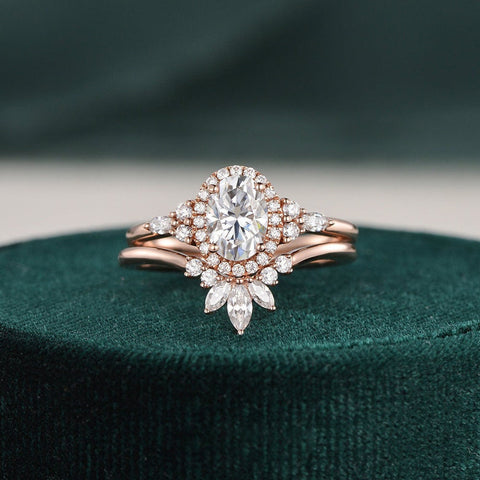 2.0 CT Oval Cut Cluster Halo Moissanite Bridal Ring Set 4 2.0 CT Oval Cut Cluster Halo Moissanite Bridal Ring Set 4