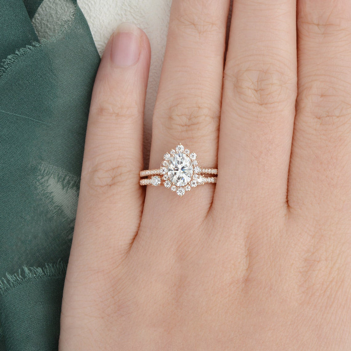2.0 CT Oval Cut Halo Moissanite Bridal Ring Set 2 2.0 CT Oval Cut Halo Moissanite Bridal Ring Set 2