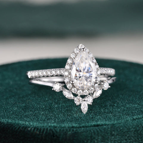 2.0 CT Pear Cut Halo Moissanite Bridal Ring Set 6 2.0 CT Pear Cut Halo Moissanite Bridal Ring Set 6