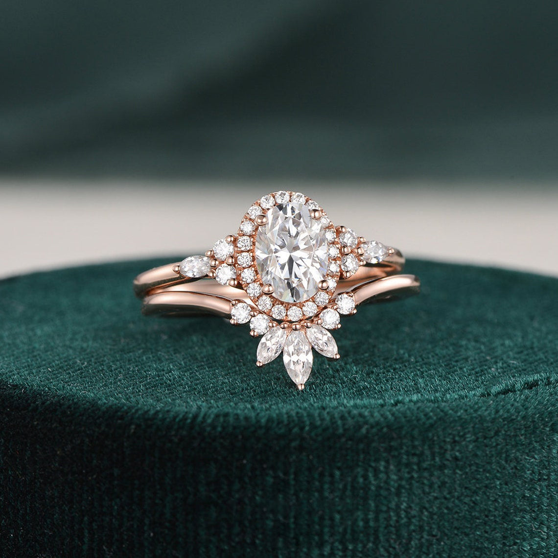 2.0 CT Oval Cut Cluster Halo Moissanite Bridal Ring Set 1 2.0 CT Oval Cut Cluster Halo Moissanite Bridal Ring Set 1