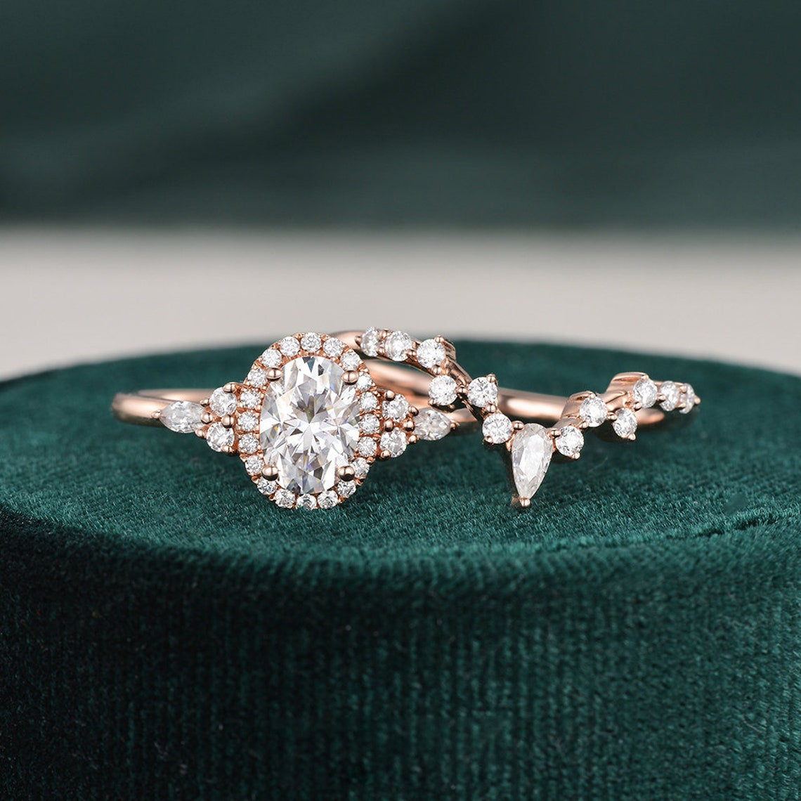 2.0 CT Oval Cut Cluster Halo Moissanite Bridal Ring Set 3 2.0 CT Oval Cut Cluster Halo Moissanite Bridal Ring Set 3