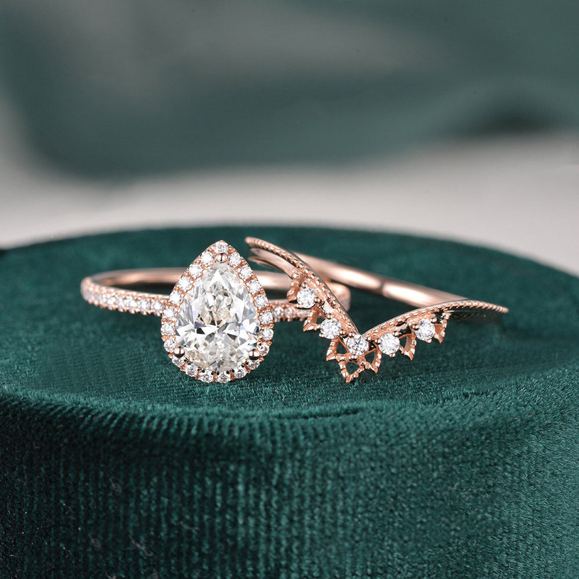 1.50 CT Pear Cut Halo Moissanite Bridal Ring Set 4 1.50 CT Pear Cut Halo Moissanite Bridal Ring Set 4