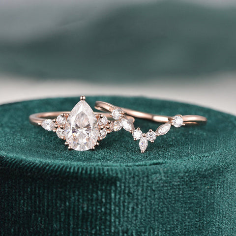 1.50 CT Pear Cut Cluster Moissanite Bridal Ring Set 3 1.50 CT Pear Cut Cluster Moissanite Bridal Ring Set 3