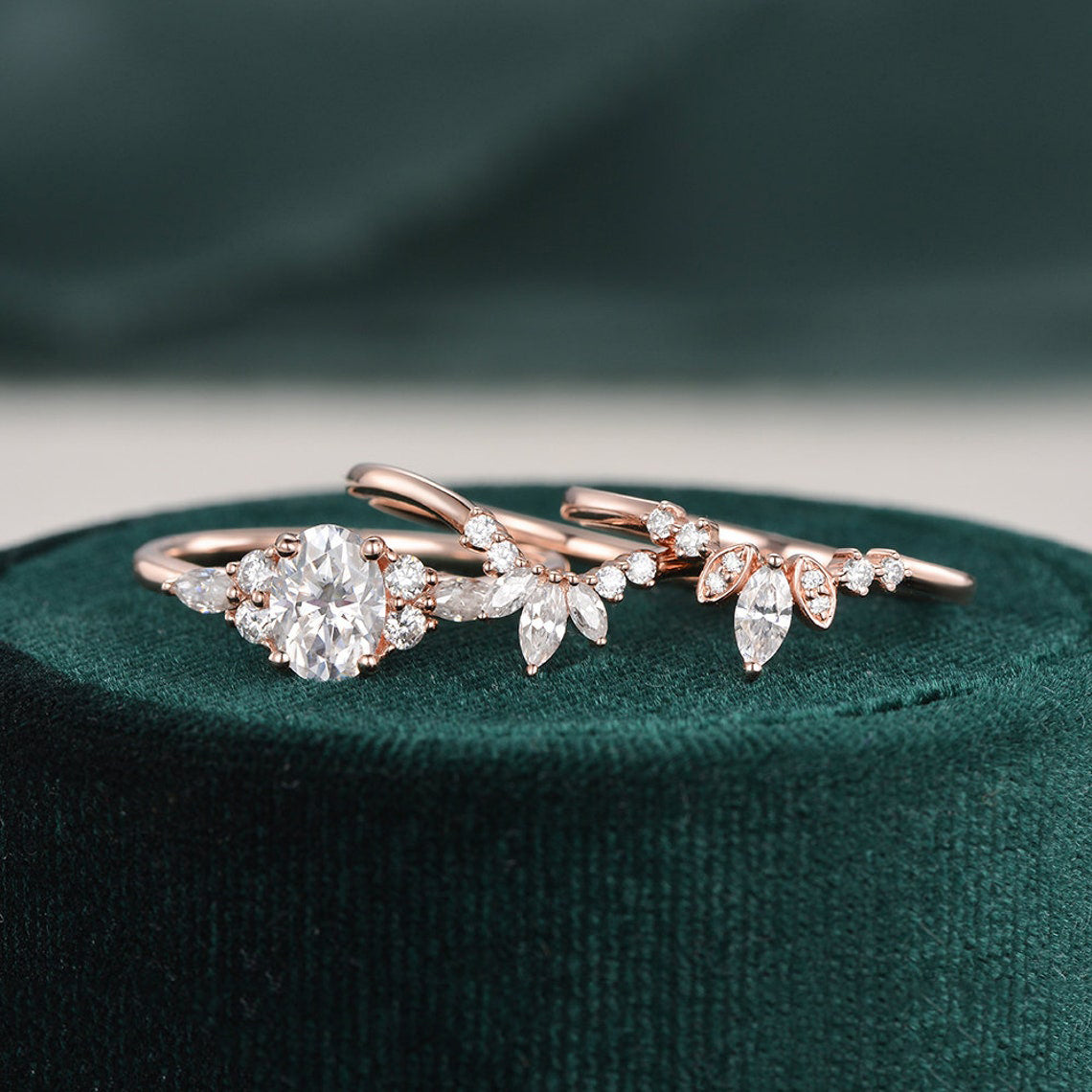 1.0 CT Oval Cut Cluster Art Deco Moissanite Bridal Ring Set 3 1.0 CT Oval Cut Cluster Art Deco Moissanite Bridal Ring Set 3