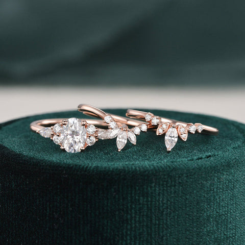 1.0 CT Oval Cut Cluster Art Deco Moissanite Bridal Ring Set 3 1.0 CT Oval Cut Cluster Art Deco Moissanite Bridal Ring Set 3