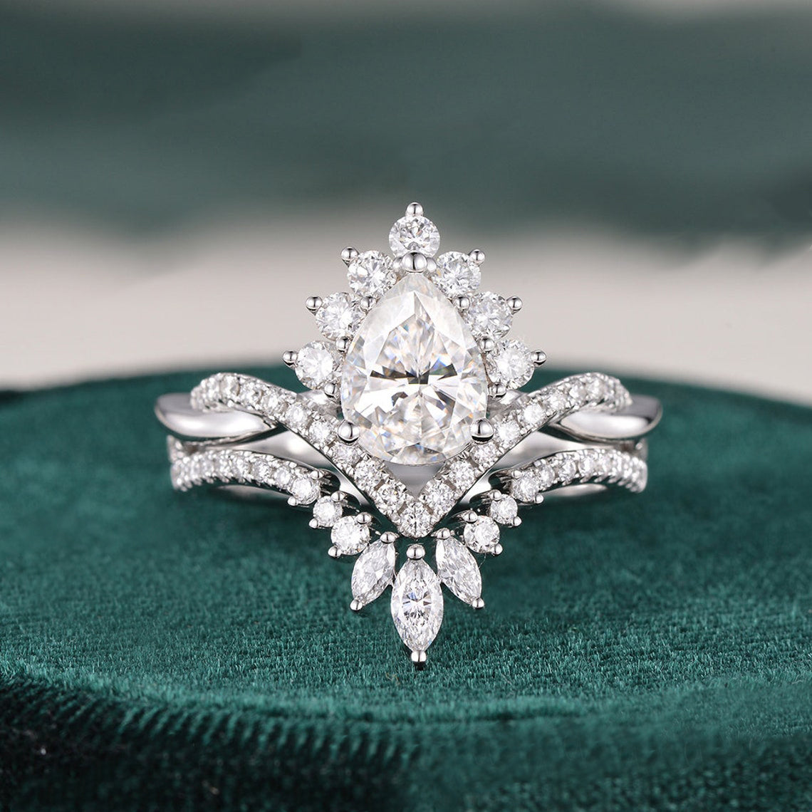 1.50 CT Pear Cut Twisted Art Deco Moissanite Bridal Ring Set 1 1.50 CT Pear Cut Twisted Art Deco Moissanite Bridal Ring Set 1