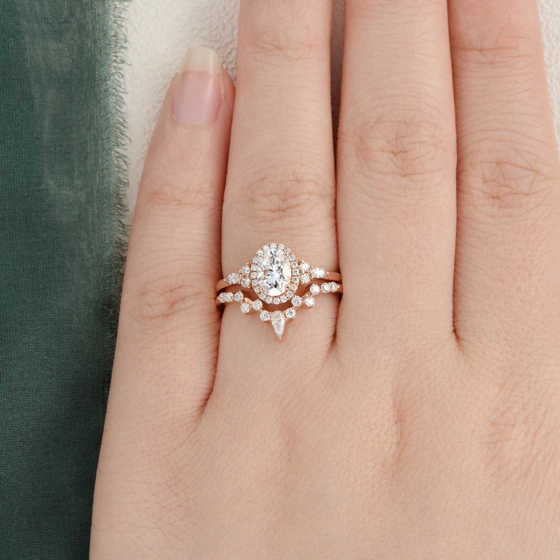2.0 CT Oval Cut Cluster Halo Moissanite Bridal Ring Set 2 2.0 CT Oval Cut Cluster Halo Moissanite Bridal Ring Set 2