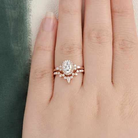 2.0 CT Oval Cut Cluster Halo Moissanite Bridal Ring Set 2 2.0 CT Oval Cut Cluster Halo Moissanite Bridal Ring Set 2