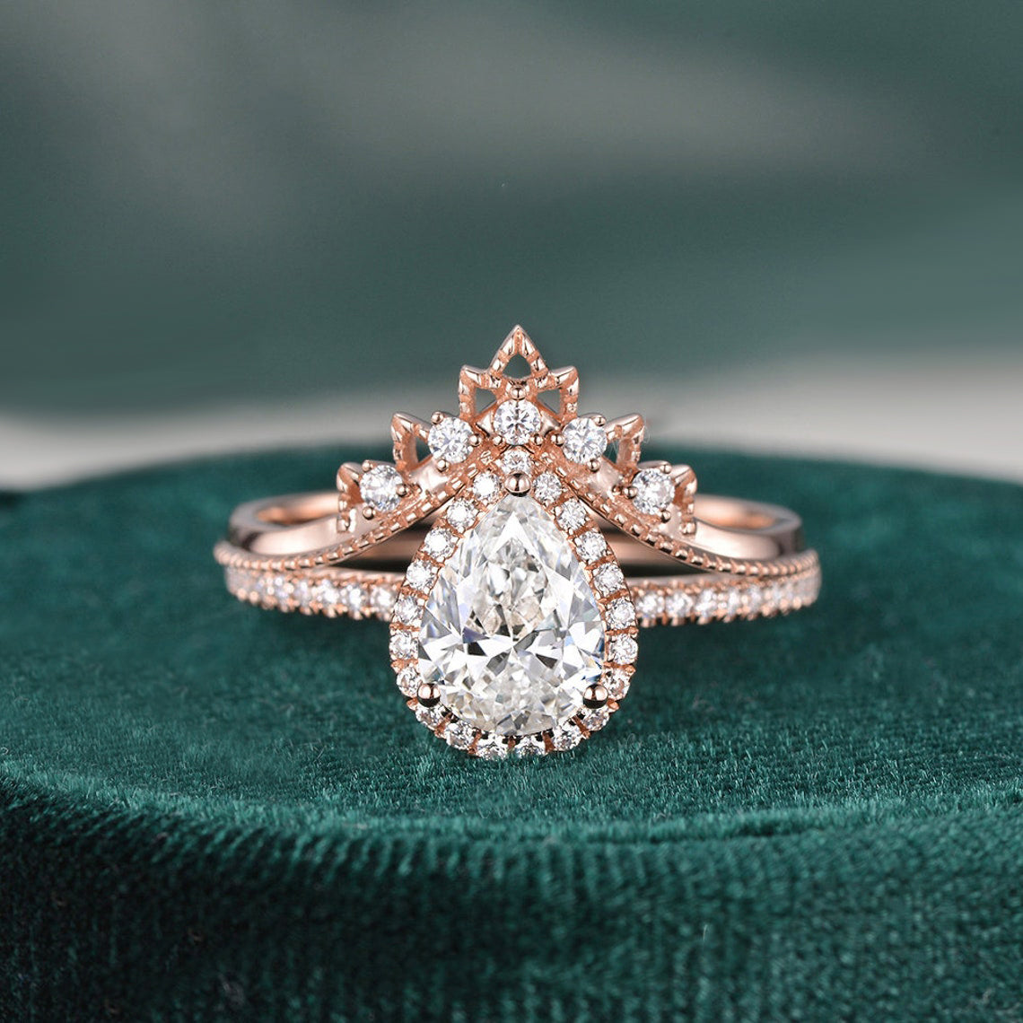 1.50 CT Pear Cut Halo Moissanite Bridal Ring Set 5 1.50 CT Pear Cut Halo Moissanite Bridal Ring Set 5