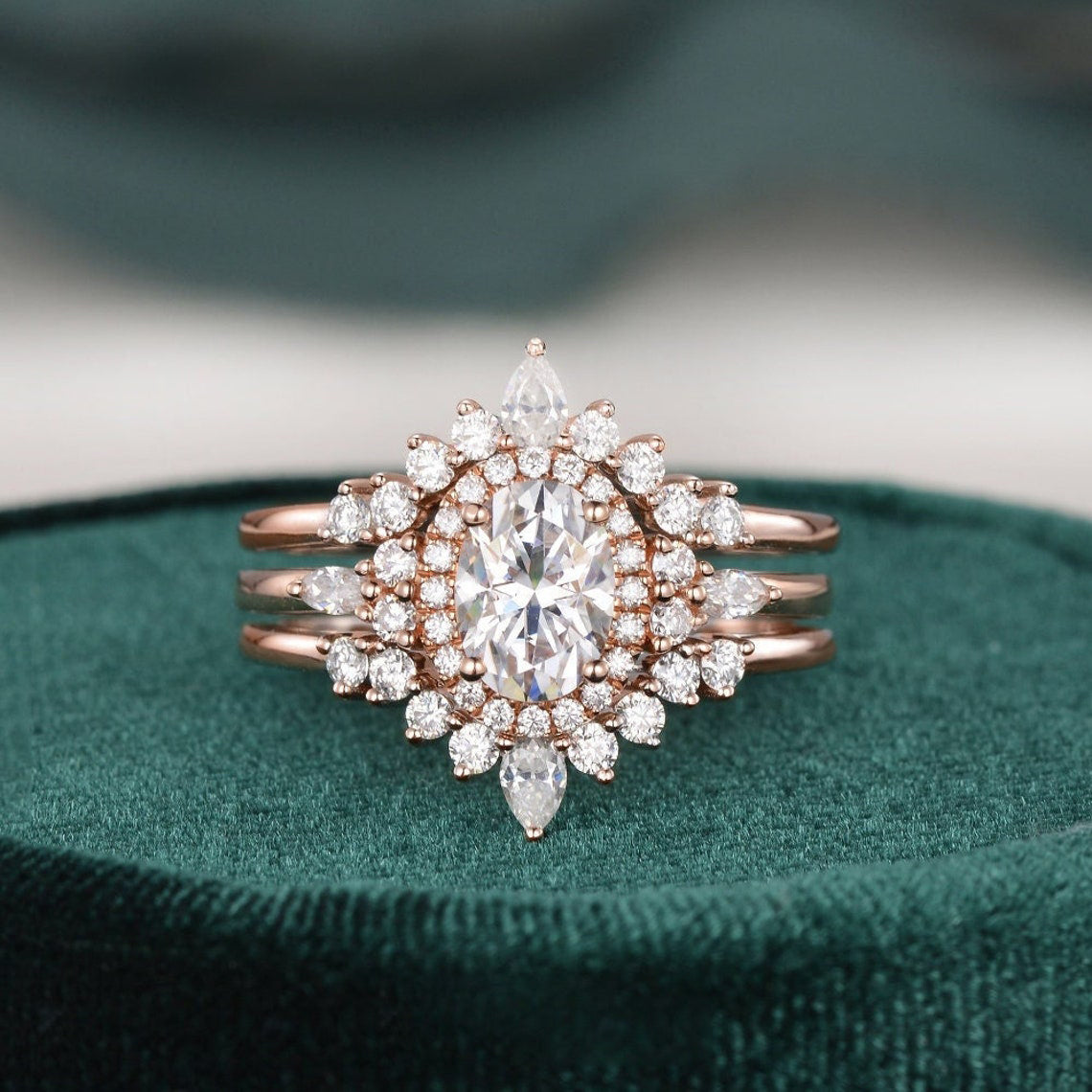 1.0 CT Oval Cut Cluster Halo Moissanite Bridal Ring Set 1 1.0 CT Oval Cut Cluster Halo Moissanite Bridal Ring Set 1
