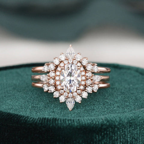 1.0 CT Oval Cut Cluster Halo Moissanite Bridal Ring Set 1 1.0 CT Oval Cut Cluster Halo Moissanite Bridal Ring Set 1