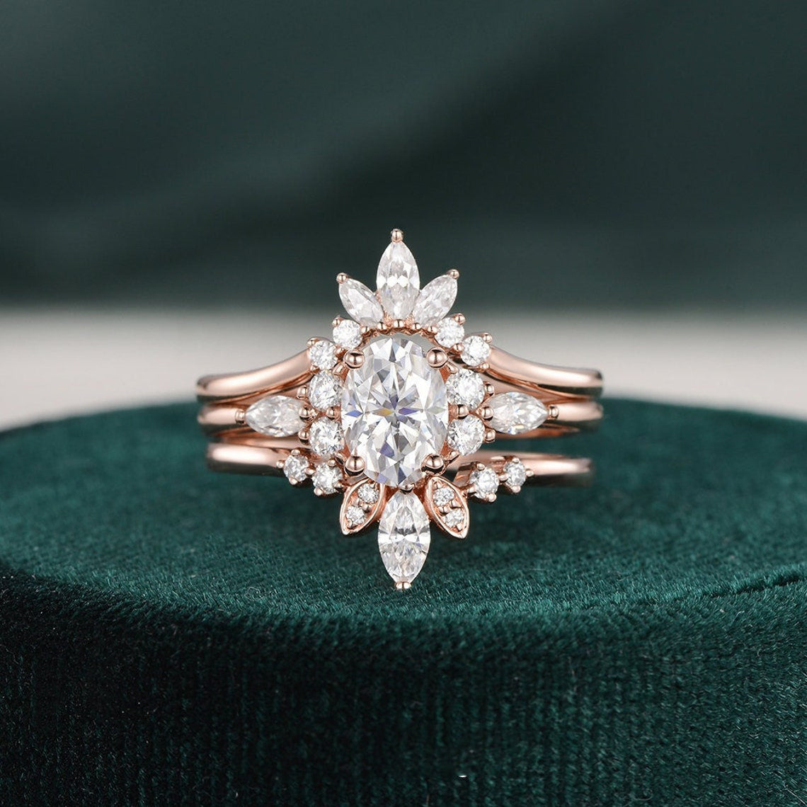 1.0 CT Oval Cut Cluster Art Deco Moissanite Bridal Ring Set 1 1.0 CT Oval Cut Cluster Art Deco Moissanite Bridal Ring Set 1