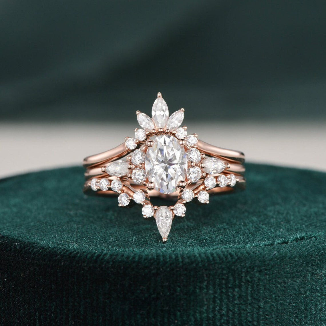 1.0 CT Oval Cut Cluster Halo Moissanite Bridal Ring Set 1 1.0 CT Oval Cut Cluster Halo Moissanite Bridal Ring Set 1