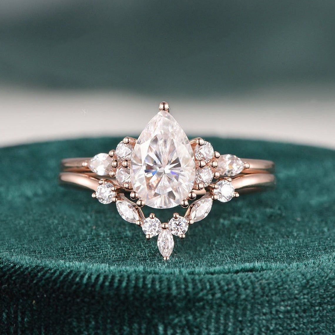 1.50 CT Pear Cut Cluster Moissanite Bridal Ring Set 5 1.50 CT Pear Cut Cluster Moissanite Bridal Ring Set 5