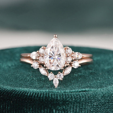 1.50 CT Pear Cut Cluster Moissanite Bridal Ring Set 5 1.50 CT Pear Cut Cluster Moissanite Bridal Ring Set 5