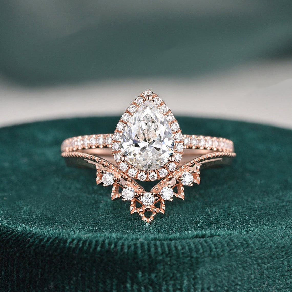 1.50 CT Pear Cut Halo Moissanite Bridal Ring Set 1 1.50 CT Pear Cut Halo Moissanite Bridal Ring Set 1