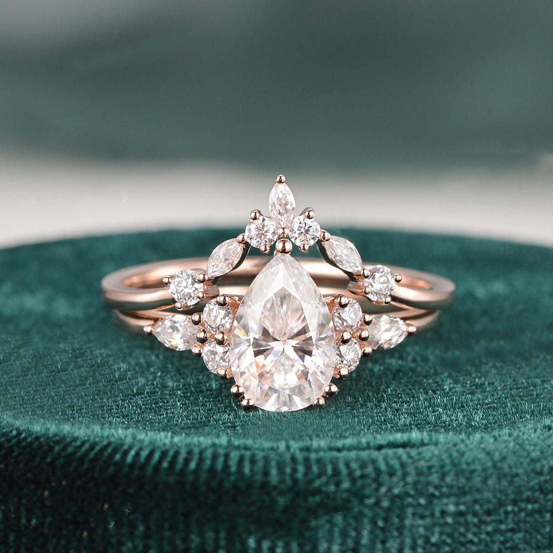 1.50 CT Pear Cut Cluster Moissanite Bridal Ring Set 1 1.50 CT Pear Cut Cluster Moissanite Bridal Ring Set 1