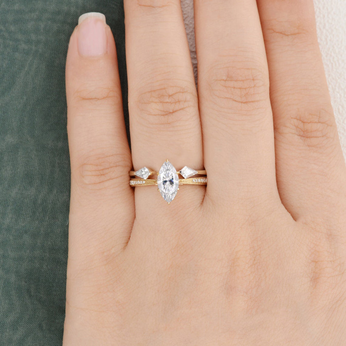 1.0 CT Marquise Cut Pave Moissanite Bridal Ring Set 2 1.0 CT Marquise Cut Pave Moissanite Bridal Ring Set 2