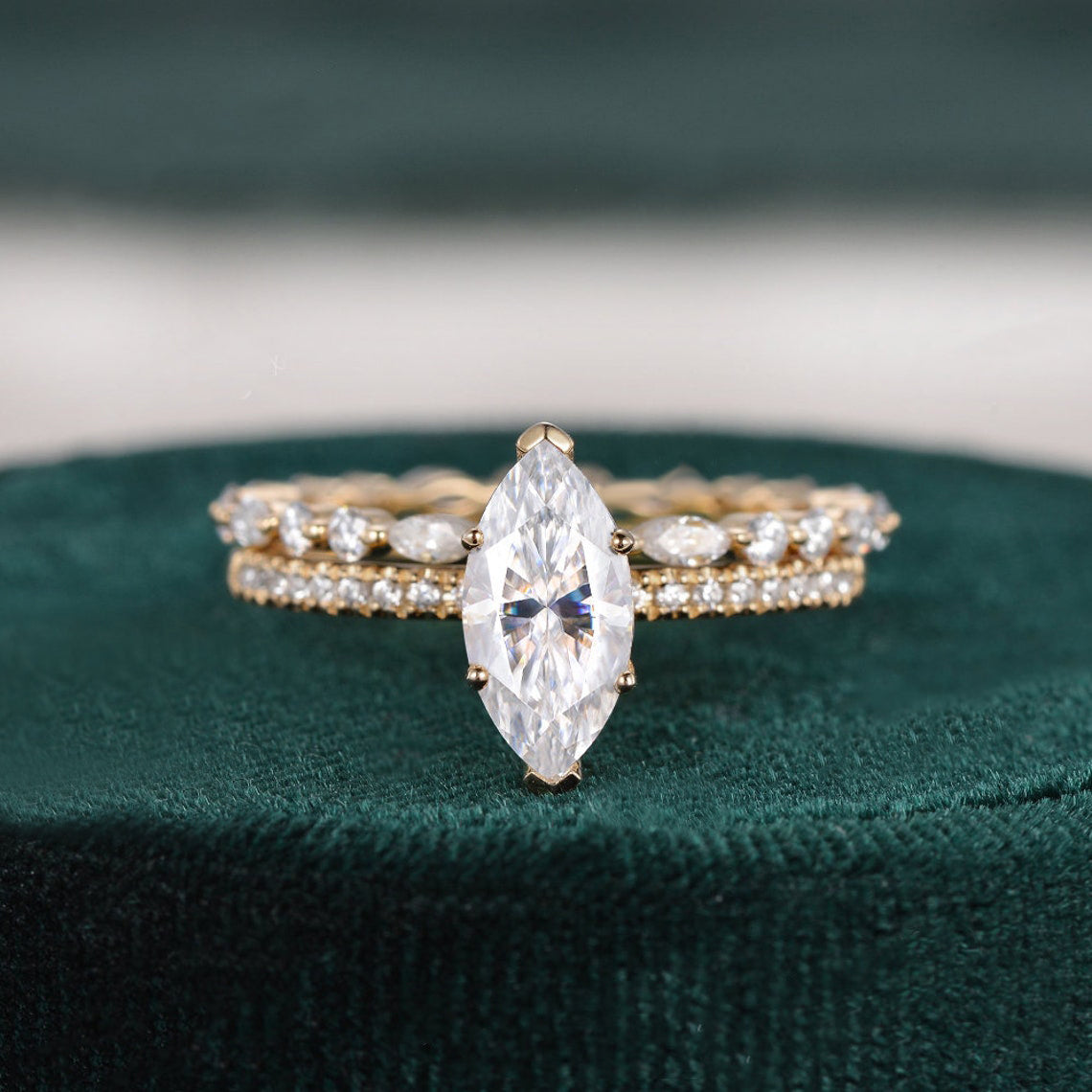 1.0 CT Marquise Cut Solitaire Pave Moissanite Bridal Ring Set 3 1.0 CT Marquise Cut Solitaire Pave Moissanite Bridal Ring Set 3