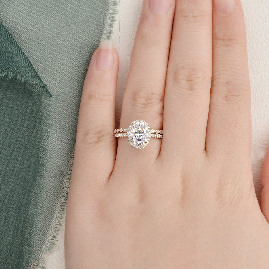2.0 CT Oval Cut Halo Moissanite Bridal Ring Set 2 2.0 CT Oval Cut Halo Moissanite Bridal Ring Set 2