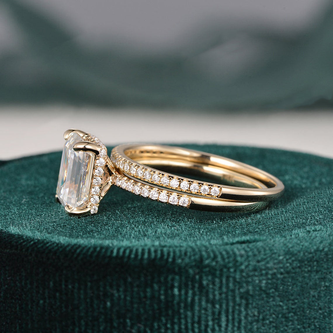 1.50 CT Emerald Cut Hidden Halo Moissanite Bridal Ring Set 6 1.50 CT Emerald Cut Hidden Halo Moissanite Bridal Ring Set 6