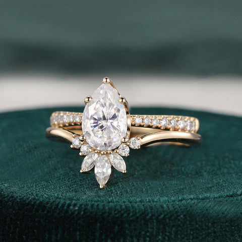 1.0 CT Pear Cut Solitaire Pave Setting Moissanite Bridal Ring Set 1 1.0 CT Pear Cut Solitaire Pave Setting Moissanite Bridal Ring Set 1