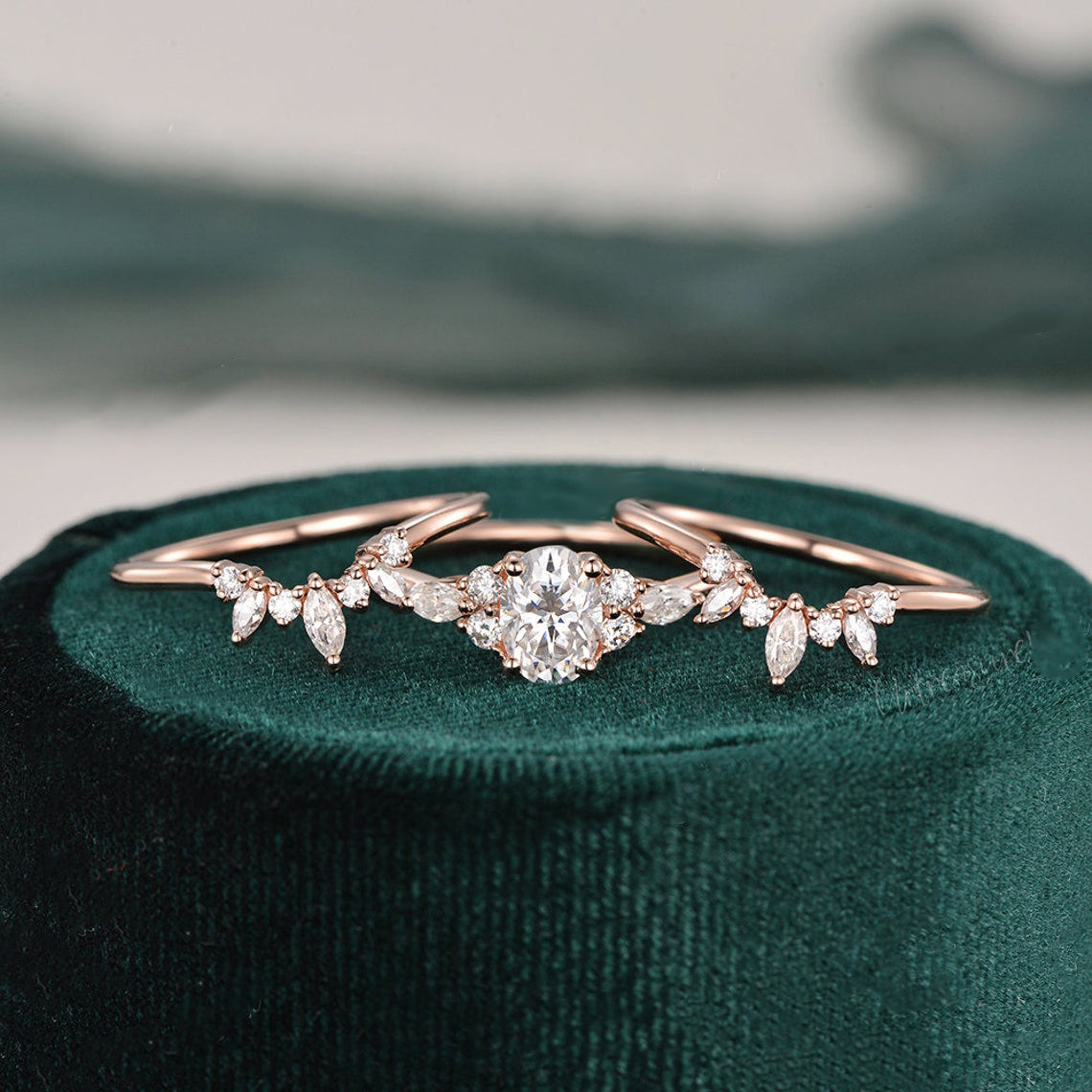 1.0 CT Oval Cut Cluster Moissanite Bridal Ring Set 3 1.0 CT Oval Cut Cluster Moissanite Bridal Ring Set 3