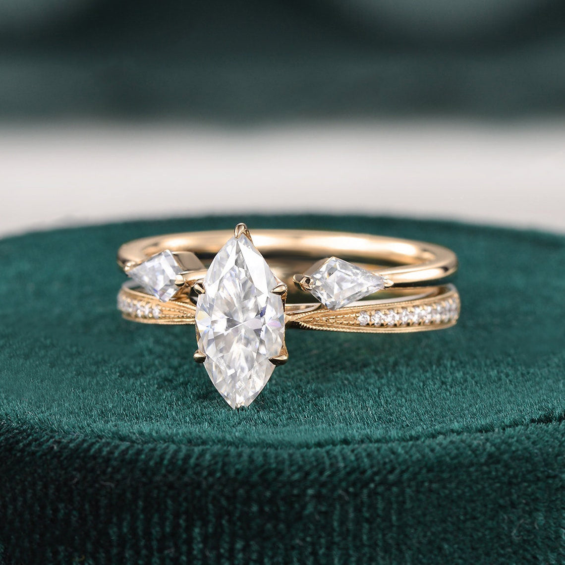 1.0 CT Marquise Cut Pave Moissanite Bridal Ring Set 5 1.0 CT Marquise Cut Pave Moissanite Bridal Ring Set 5
