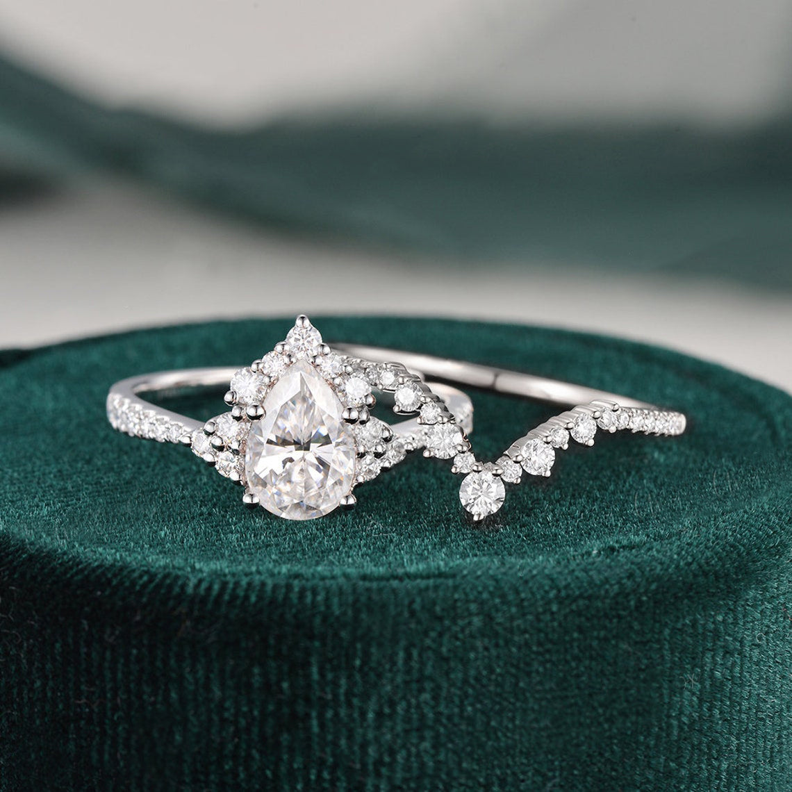 1.50 CT Pear Cut Cluster Moissanite Bridal Ring Set 6 1.50 CT Pear Cut Cluster Moissanite Bridal Ring Set 6