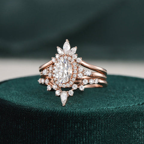 1.0 CT Oval Cut Cluster Halo Moissanite Bridal Ring Set 5 1.0 CT Oval Cut Cluster Halo Moissanite Bridal Ring Set 5
