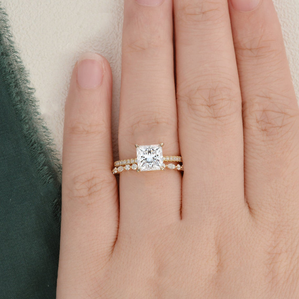 2.0 CT Princess Cut Solitaire Moissanite Bridal Ring Set 2 2.0 CT Princess Cut Solitaire Moissanite Bridal Ring Set 2