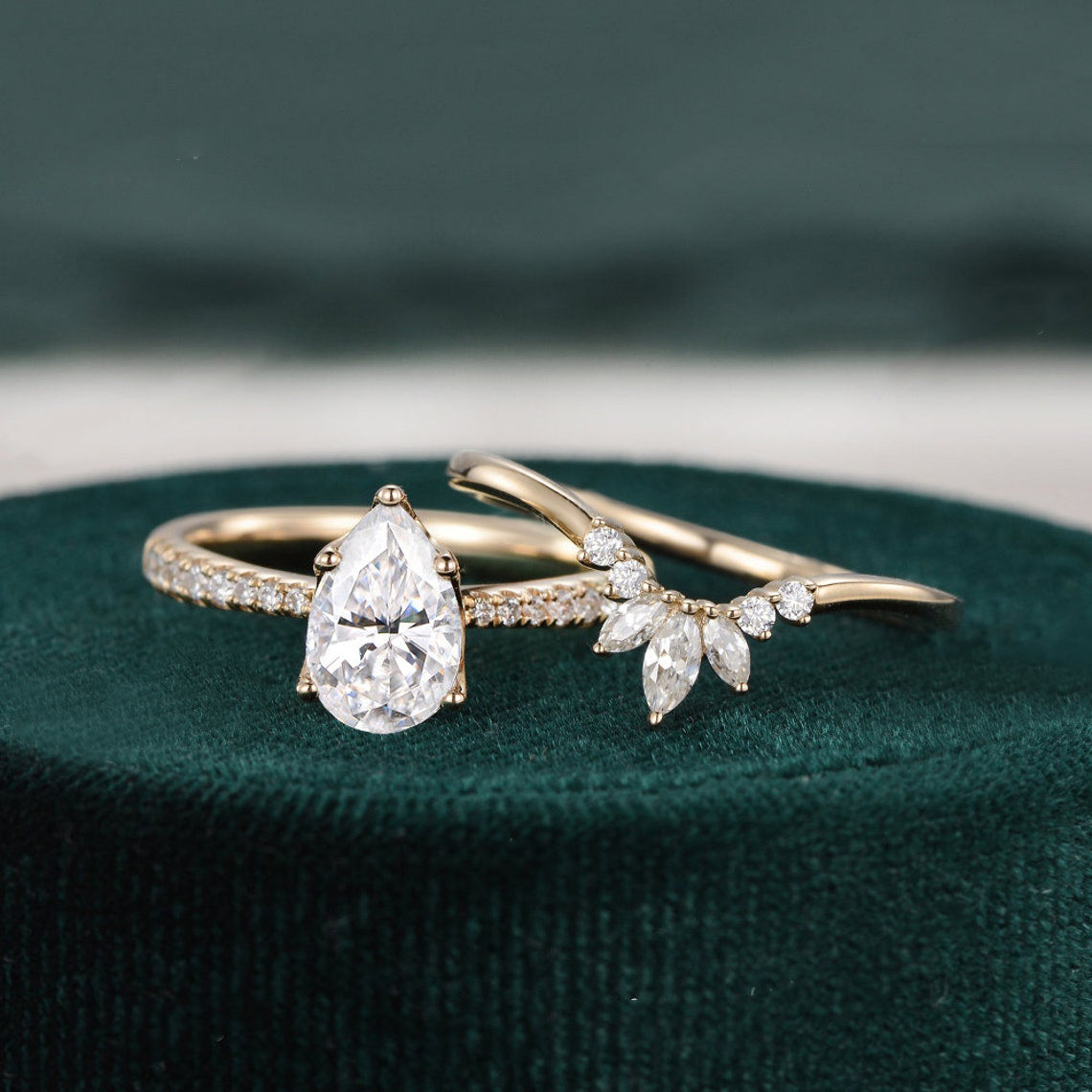 1.0 CT Pear Cut Solitaire Pave Setting Moissanite Bridal Ring Set 4 1.0 CT Pear Cut Solitaire Pave Setting Moissanite Bridal Ring Set 4