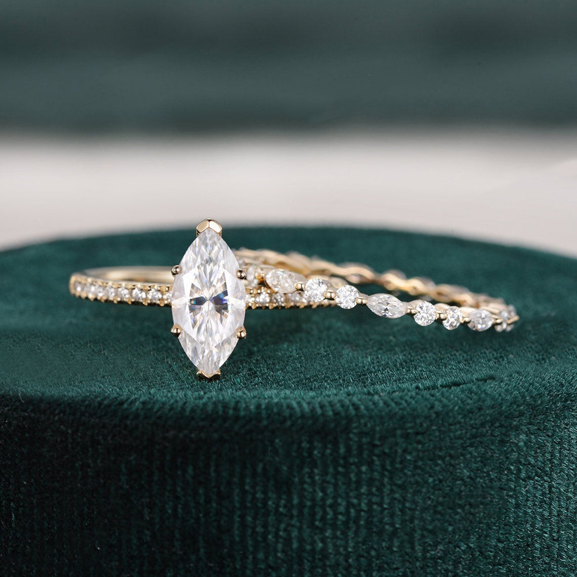 1.0 CT Marquise Cut Solitaire Pave Moissanite Bridal Ring Set 4 1.0 CT Marquise Cut Solitaire Pave Moissanite Bridal Ring Set 4
