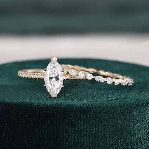 1.0 CT Marquise Cut Solitaire Pave Moissanite Bridal Ring Set 4 1.0 CT Marquise Cut Solitaire Pave Moissanite Bridal Ring Set 4