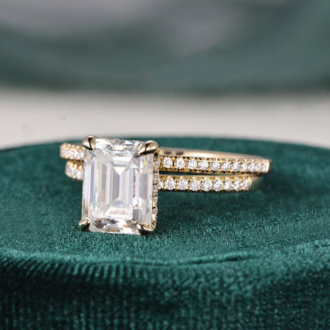 1.50 CT Emerald Cut Hidden Halo Moissanite Bridal Ring Set 4 1.50 CT Emerald Cut Hidden Halo Moissanite Bridal Ring Set 4