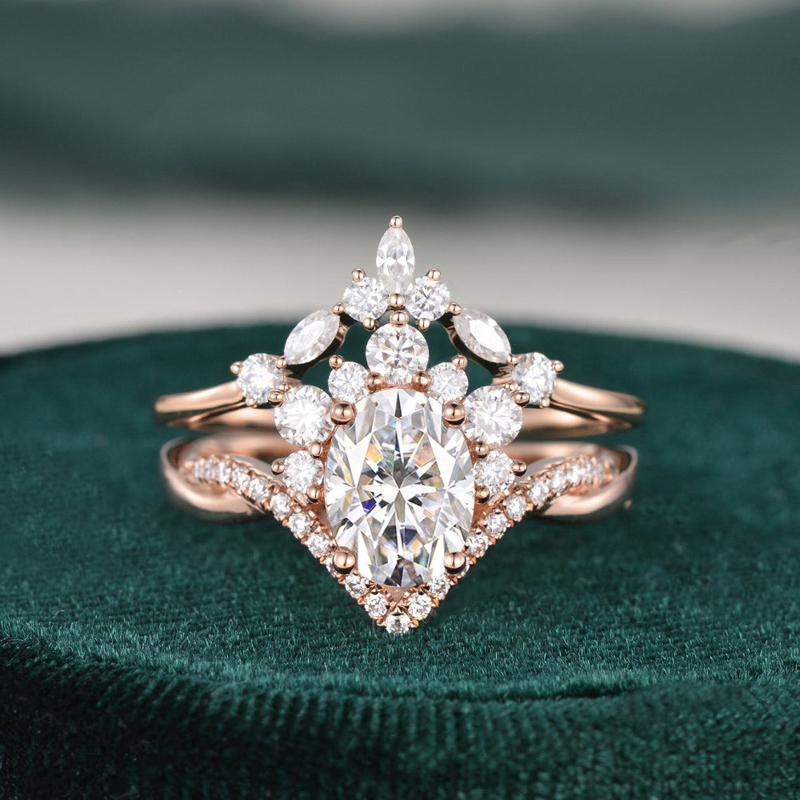 1.50 CT Oval Cut Twisted Art Deco Moissanite Bridal Ring Set 3 1.50 CT Oval Cut Twisted Art Deco Moissanite Bridal Ring Set 3