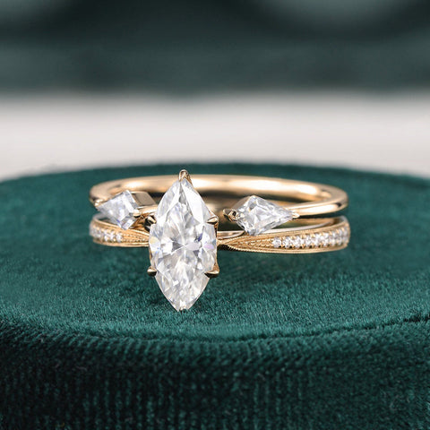 1.0 CT Marquise Cut Pave Moissanite Bridal Ring Set 5 1.0 CT Marquise Cut Pave Moissanite Bridal Ring Set 5