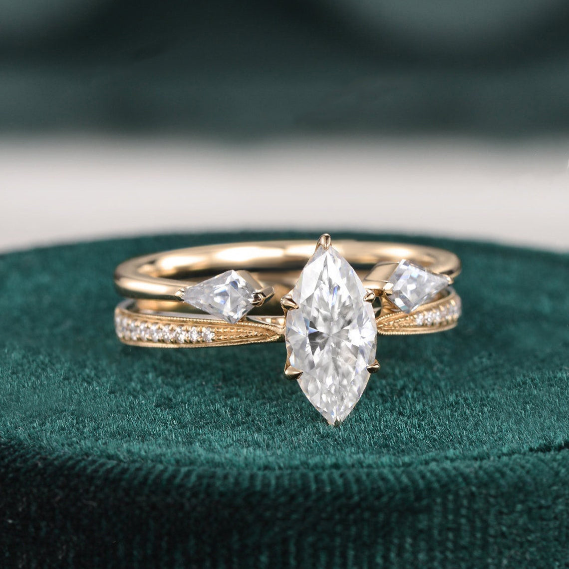 1.0 CT Marquise Cut Pave Moissanite Bridal Ring Set 4 1.0 CT Marquise Cut Pave Moissanite Bridal Ring Set 4