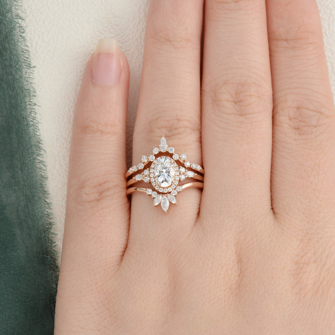 1.0 CT Oval Cut Cluster Halo Moissanite Bridal Ring Set 2 1.0 CT Oval Cut Cluster Halo Moissanite Bridal Ring Set 2