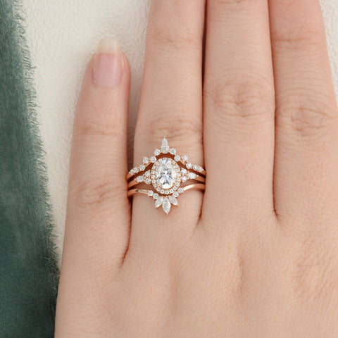 1.0 CT Oval Cut Cluster Halo Moissanite Bridal Ring Set 2 1.0 CT Oval Cut Cluster Halo Moissanite Bridal Ring Set 2