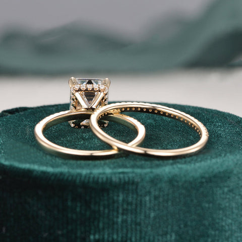 1.50 CT Emerald Cut Hidden Halo Moissanite Bridal Ring Set 7 1.50 CT Emerald Cut Hidden Halo Moissanite Bridal Ring Set 7