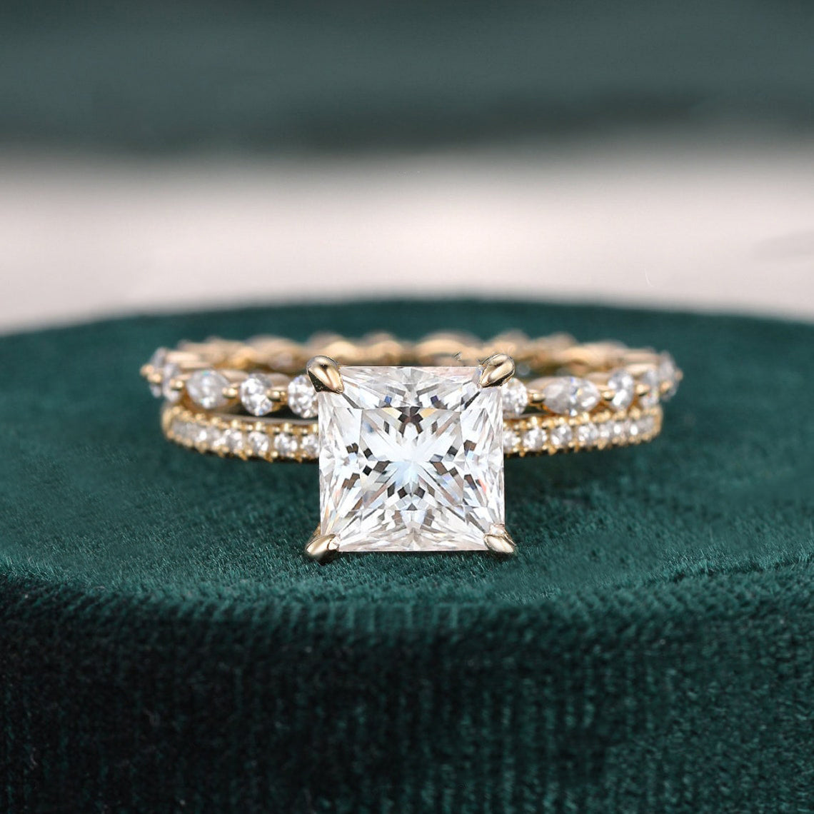 2.0 CT Princess Cut Solitaire Moissanite Bridal Ring Set 3 2.0 CT Princess Cut Solitaire Moissanite Bridal Ring Set 3