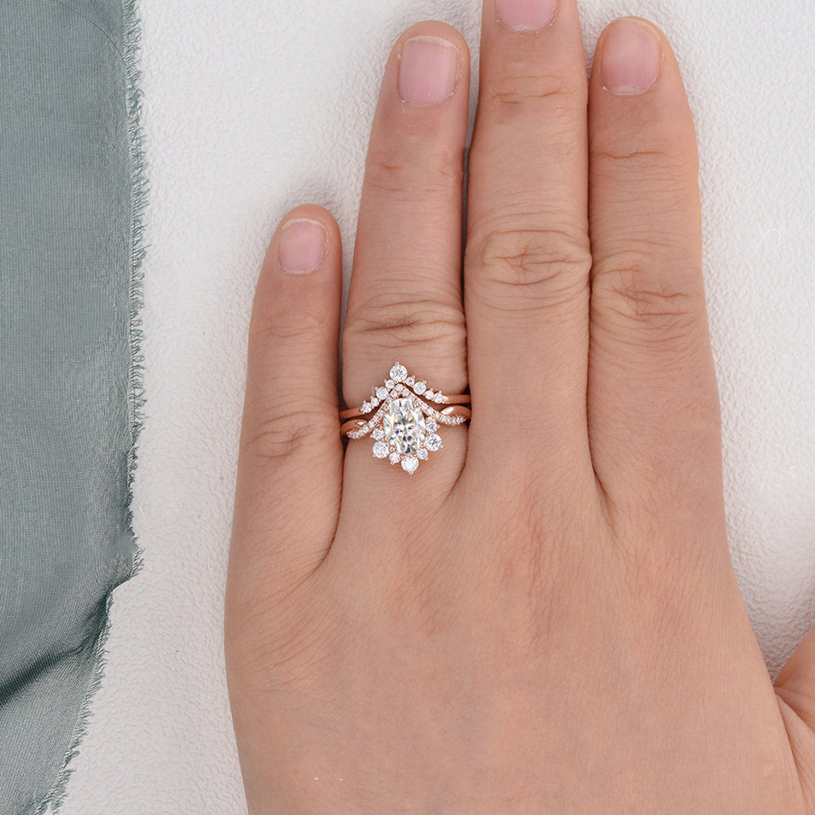 1.50 CT Oval Cut Cluster Moissanite Bridal Ring Set 2 1.50 CT Oval Cut Cluster Moissanite Bridal Ring Set 2