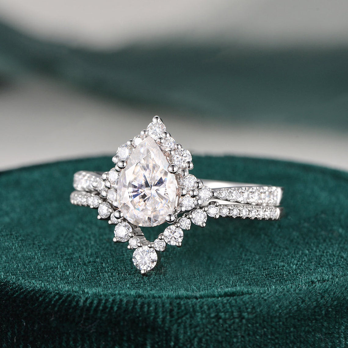 1.50 CT Pear Cut Cluster Moissanite Bridal Ring Set 4 1.50 CT Pear Cut Cluster Moissanite Bridal Ring Set 4